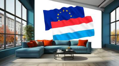 National fabric flags of Luxembourg and European Union isolated on white background. 3d rendering illustration. 1 to 2 proportion. Wall mural