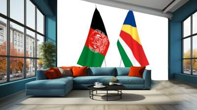 National fabric flags of Seychelles and Islamic Republic of Afghanistan isolated on white background. 3d rendering illustration. Wall mural