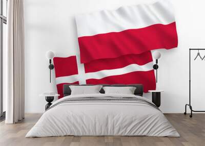 National vector fabric wave flags of Denmark and Poland isolated on white background. 1 to 2 proportion. Wall mural