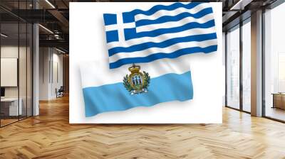 National vector fabric wave flags of Greece and San Marino isolated on white background. 1 to 2 proportion. Wall mural