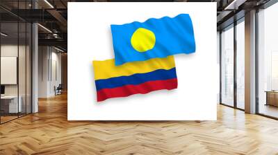 National vector fabric wave flags of Palau and Colombia isolated on white background. 1 to 2 proportion. Wall mural