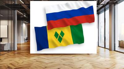 National vector fabric wave flags of Saint Vincent and the Grenadines and Russia isolated on white background. 1 to 2 proportion. Wall mural