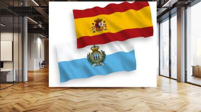 National vector fabric wave flags of San Marino and Spain isolated on white background. 1 to 2 proportion. Wall mural