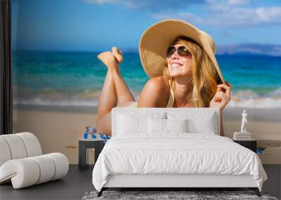 Beautiful Woman Relaxing on Tropical Beach Wall mural