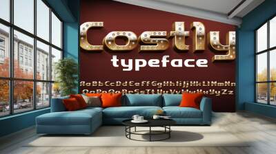 Costly alphabet font. 3D gold letters, numbers and symbols with diamonds. Uppercase and lowercase. Stock vector typescript for your design. Wall mural