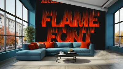 Flame alphabet font. Fire effect type letters and numbers on dark background. Stock vector typeface for your design. Wall mural