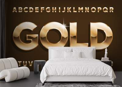 Gold alphabet font. Shining golden letters and numbers with shadow. Stock vector typescript for your design. Wall mural