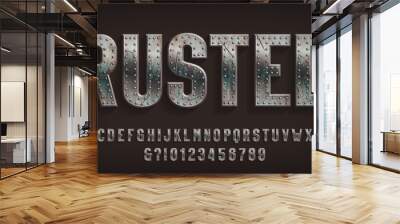 Rusted alphabet font. Damaged metal letters and numbers with rivets. Stock vector typescript for your design. Wall mural