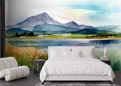 generative ai illustration of beautiful landscape with mountains and lakes in watercolor, aquarelle look Wall mural