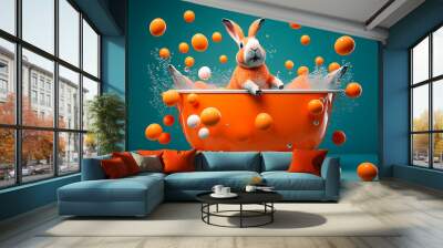 generative ai illustration of Happy Easter bunny with many colorful easter eggs, in orange bathtub Wall mural