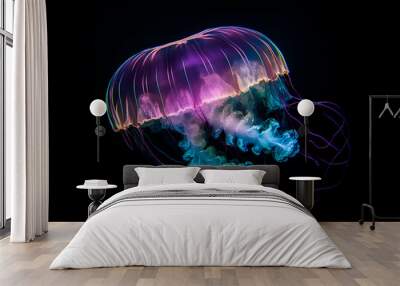 many Jellyfishes with neon glow light effect and colorful corals in the sea Wall mural