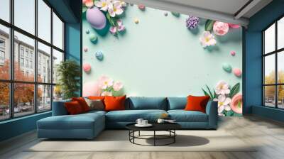 Minimalist, modern Easter background with flowers and Easter eggs in pastel colors with lots of free space from above, generative AI Wall mural