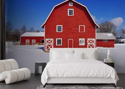 View of a traditional red barn in winter after a snowfall in New Jersey, United States Wall mural