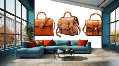 A set classic brown leather stylish bag  on a transparent background Wall mural