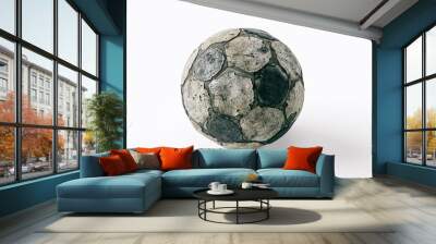 Old, torn, dirty and damaged soccer or football ball isolated on white background Wall mural