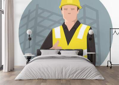 Construction worker giving thumbs up. Flat vector illustration. Wall mural