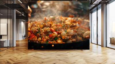 Fried rice Nasi Goreng is a traditional Indonesian street food menu. Cooking on the hot pan kitchen. Wall mural