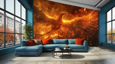 illustration of a mighty fire phoenix bird, burn flare fire background. Wall mural