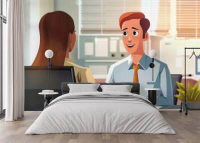 Illustration of office man chatting with female colleague Wall mural