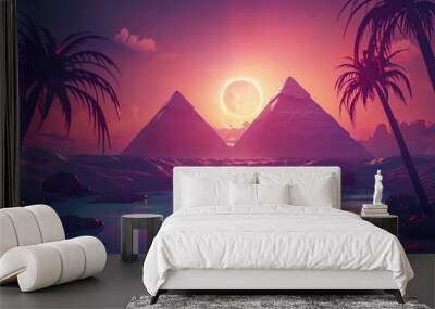 Silhouette of three pyramids in the evening sunset with palm trees. Wall mural