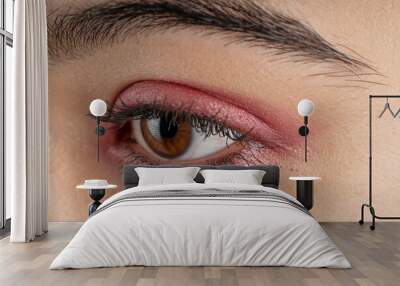 Macro shot of woman eye makeup with red eyeshadow. Close-up of woman eyelashes. Horizontal shot. Wall mural