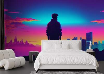 silhouette of a person looking at the city, vaporwave wallpaper
 Wall mural