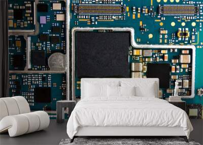 Motherboard for smartphone. Part with microcircuits close-up. Wall mural