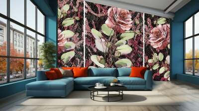 Collection of designer oil paintings. Decoration for the interior. Modern abstract art on canvas. Set of patterns with different textures and colors. Maroon roses. Wall mural