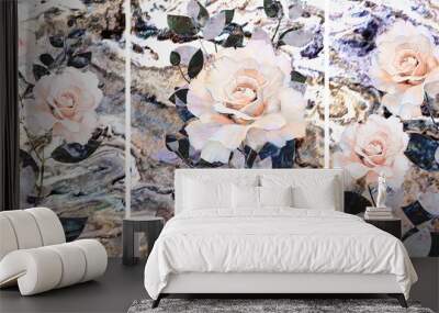 Collection of designer oil paintings. Decoration for the interior. Modern abstract art on canvas. Set of patterns with different textures and colors. Roses. Wall mural