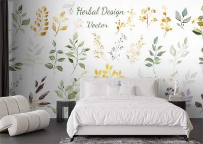 Green leaves with gold. Large set: bouquets, arrangement of leaves and gold elements, twigs, decorative herbs. Vector design. Wall mural