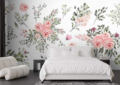 watercolor drawing of twig with leaves and flowers. botanical illustration .an arrangement of pink f Wall mural