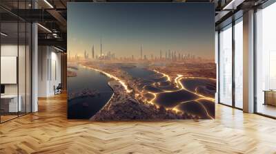 Aerial view of Dubai city in sunset light.  Wall mural