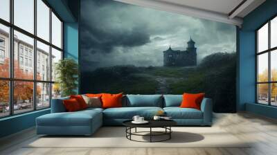 Mysterious castle. Dark scenery with misty road, storm clouds and old castle. Wall mural