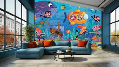 cute underwater illustration. the beauty of marine life. beautiful and colorful fish, algae and coral reefs Wall mural