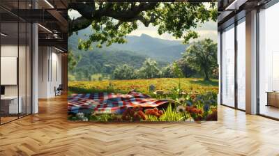 A family picnic in a picturesque meadow, with a colorful blanket spread out under a shady tree. Wall mural