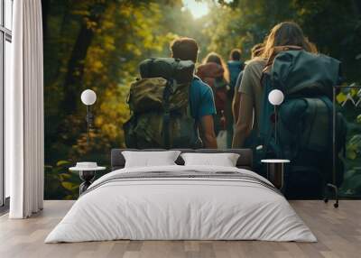 A group of friends embarking on a hiking trail, backpacks filled with adventure. Wall mural