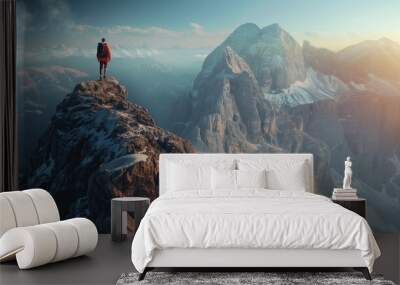 A lone explorer scaling a rugged mountain peak, with breathtaking vistas stretching out below. Wall mural