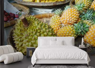 Fresh Pineapple and Durian in Asian Market - マーケットのドリアンとパイナップル Wall mural