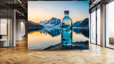 bottle of fresh mineral water in front of a mountain lake, epic sunlight Wall mural