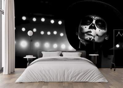 Classy Sugar Skull Makeup - black and white photograph of a well-dressed man with his sugar skull face-paint Wall mural