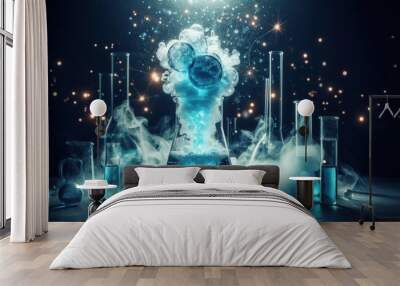 A chemistry experiment with blue liquid bubbling in a beaker Wall mural