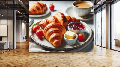 A plate of classic French croissants, golden and flaky, served with a small bowl of fresh butter and strawberry jam Wall mural