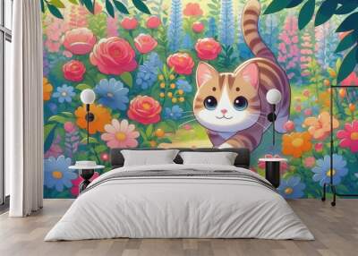 A playful cat exploring a garden with colorful flowers, vector art with soft, vibrant colors, flat and clean design Wall mural