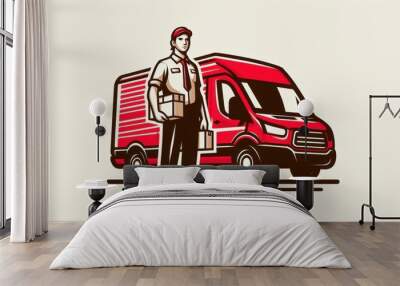 vector art, red van with his driver , delivery man Wall mural