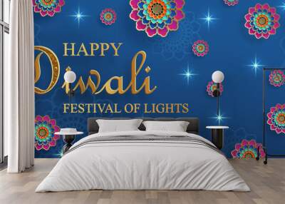 Happy Diwali vector illustration. Festive Diwali and Deepawali card. The Indian festival of lights on blue color background Wall mural