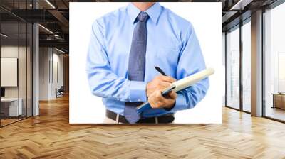 Casual dress businessman customer service manager salesman rep in shirt and tie with clipboard isolated on white background Wall mural