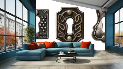 Five patined bronze and brass decorative antique keyholes Isolated on White Background Wall mural