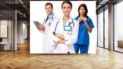 Medical team doctor nurse practitioner with digital tablet isolated on white background for use alone or as a design element Wall mural