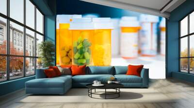 numerous pill bottles of different prescription capsule tablet pill medicine medications in dramatic Wall mural