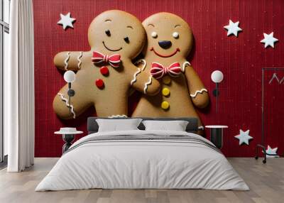 Two gingerbread man on a red canvas background Wall mural